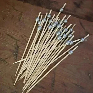 25 New 6" Wood Cocktail + Appetizer Picks with Silver Balls